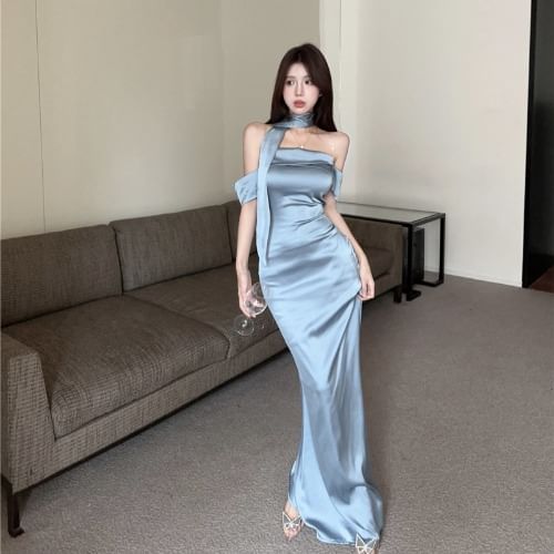 Set: Scarf Satin Evening Plain Mermaid + Gown Off-Shoulder