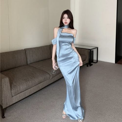 Set: Scarf Satin Evening Plain Mermaid + Gown Off-Shoulder