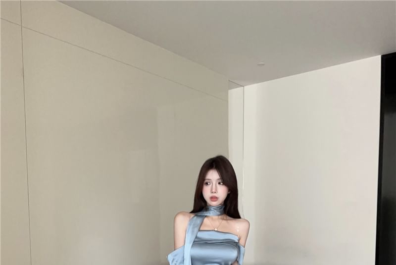 Set: Scarf Satin Evening Plain Mermaid + Gown Off-Shoulder