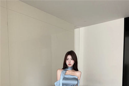 Set: Scarf Satin Evening Plain Mermaid + Gown Off-Shoulder