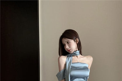 Set: Scarf Satin Evening Plain Mermaid + Gown Off-Shoulder