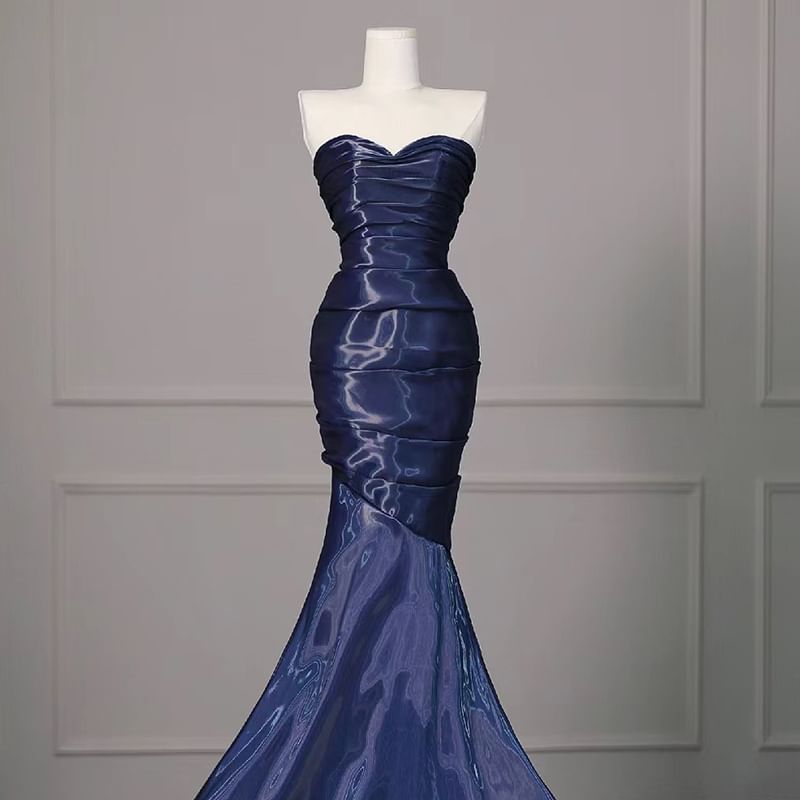 Strapless Shirred Asymmetrical Mermaid Evening Gown