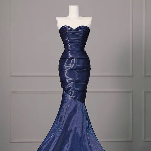 Strapless Shirred Asymmetrical Mermaid Evening Gown
