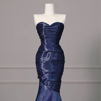 Strapless Shirred Asymmetrical Mermaid Evening Gown