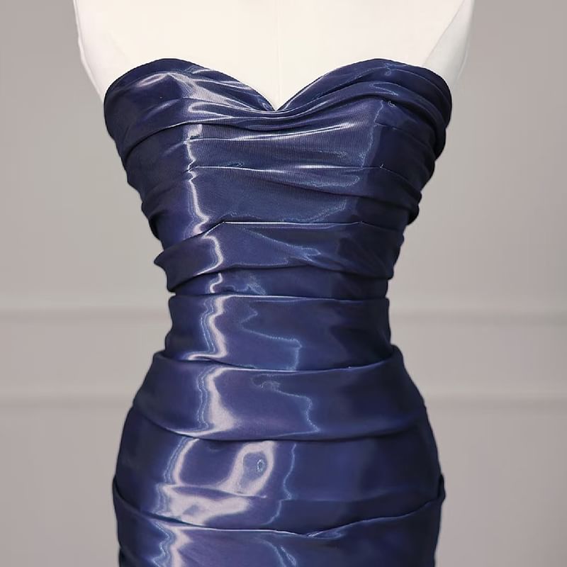 Strapless Shirred Asymmetrical Mermaid Evening Gown