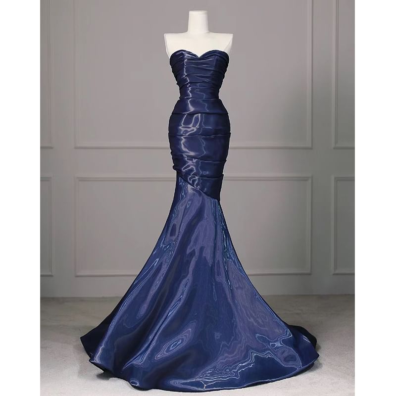 Gown Strapless Shirred Asymmetrical Mermaid Evening