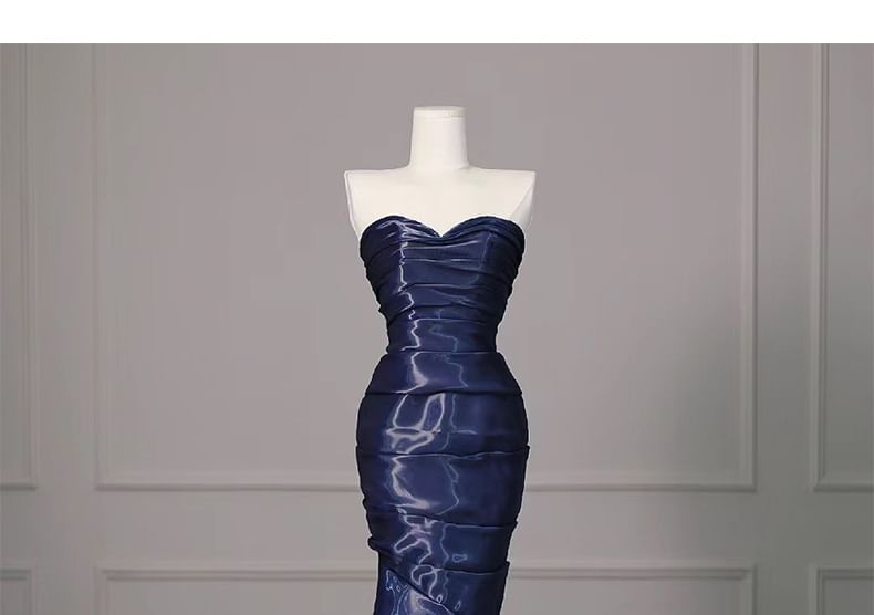 Strapless Shirred Asymmetrical Mermaid Evening Gown