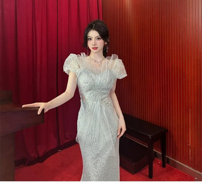 Puff-Sleeve Sequined Evening Mermaid Cutout Gown