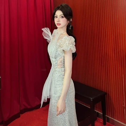 Puff-Sleeve Sequined Evening Mermaid Cutout Gown