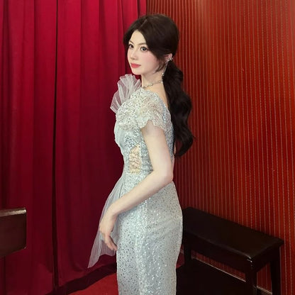 Puff-Sleeve Sequined Evening Mermaid Cutout Gown