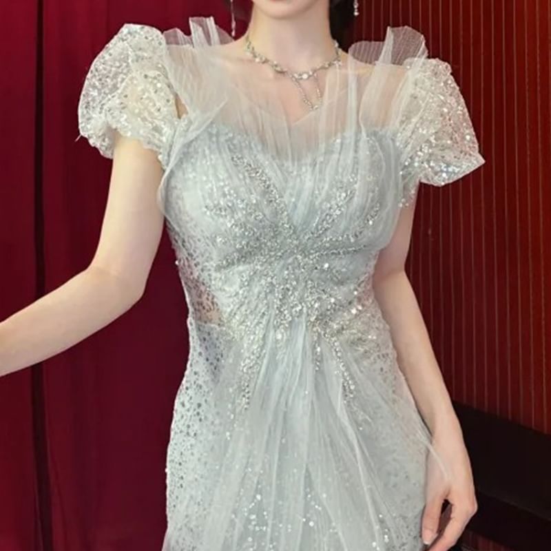 Puff-Sleeve Sequined Evening Mermaid Cutout Gown