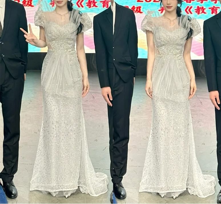 Puff-Sleeve Sequined Evening Mermaid Cutout Gown