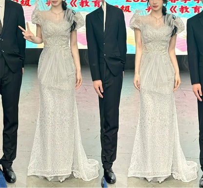 Puff-Sleeve Sequined Evening Mermaid Cutout Gown