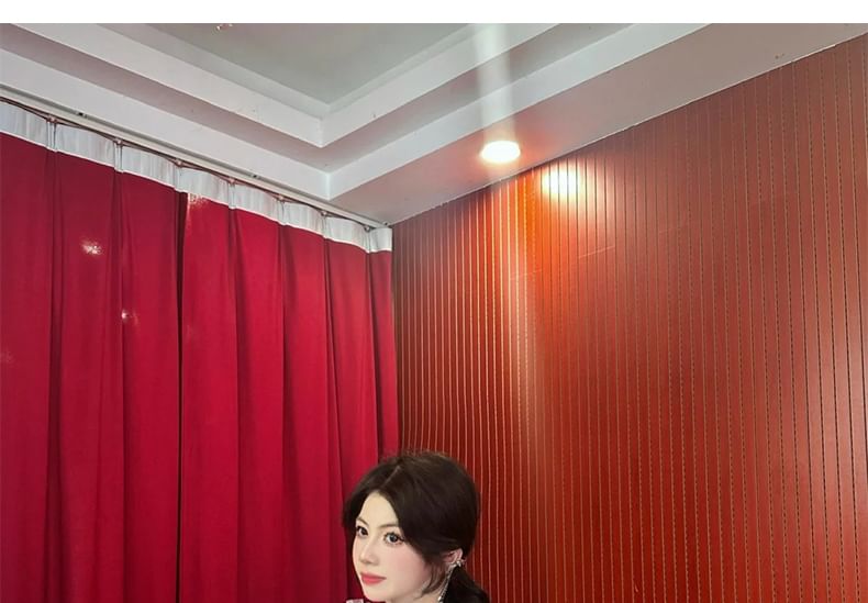 Puff-Sleeve Sequined Evening Mermaid Cutout Gown