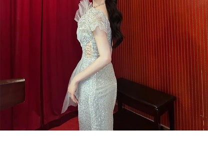 Puff-Sleeve Sequined Evening Mermaid Cutout Gown