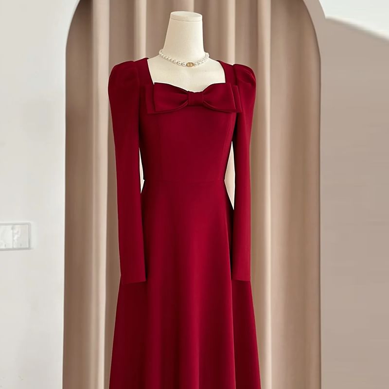 A-Line Evening Square-Neck Gown Long-Sleeve Plain Bow