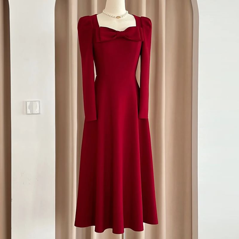 A-Line Evening Square-Neck Gown Long-Sleeve Plain Bow