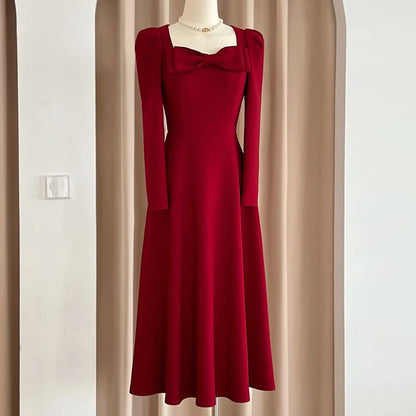 A-Line Evening Square-Neck Gown Long-Sleeve Plain Bow