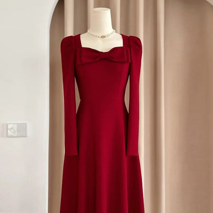 A-Line Evening Square-Neck Gown Long-Sleeve Plain Bow