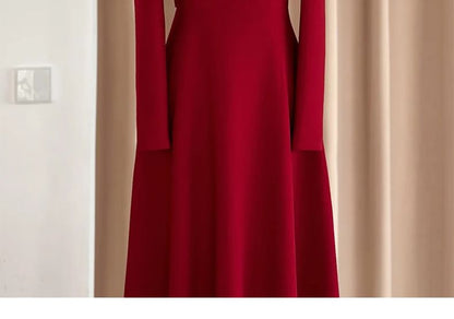 A-Line Evening Square-Neck Gown Long-Sleeve Plain Bow