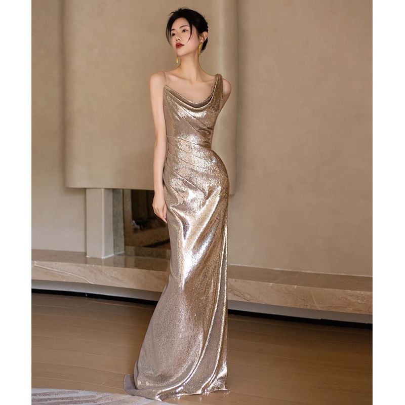 Evening Strap Mermaid Gown Sequined Asymmetrical Spaghetti