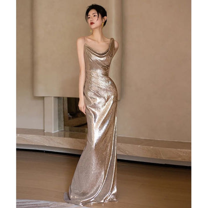 Evening Strap Mermaid Gown Sequined Asymmetrical Spaghetti