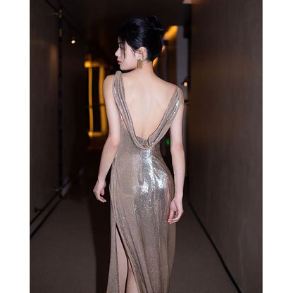 Spaghetti Strap Asymmetrical Sequined Mermaid Evening Gown