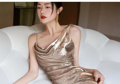 Evening Strap Mermaid Gown Sequined Asymmetrical Spaghetti