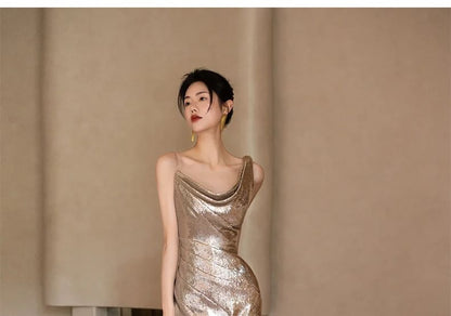 Evening Strap Mermaid Gown Sequined Asymmetrical Spaghetti