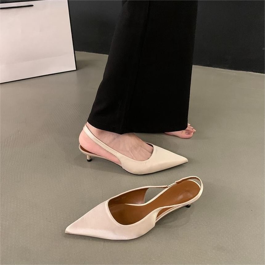 Pointed Toe Satin Kitten Heel Pumps