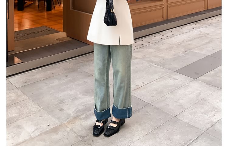 Square Toe Buckle Block Heel Mary Jane Pumps