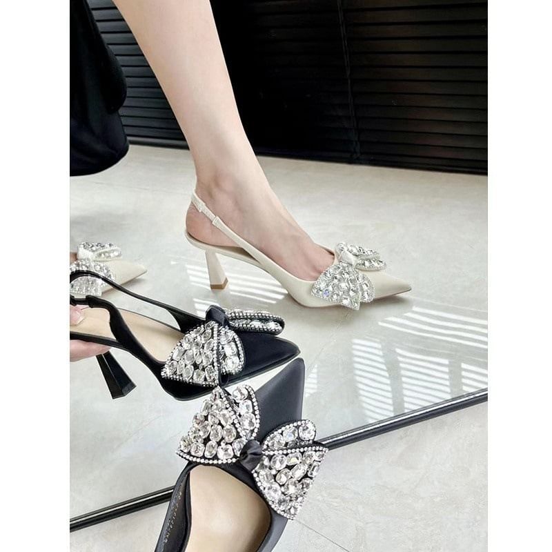 Pointed Toe Rhinestone Bow Slingback Pumps