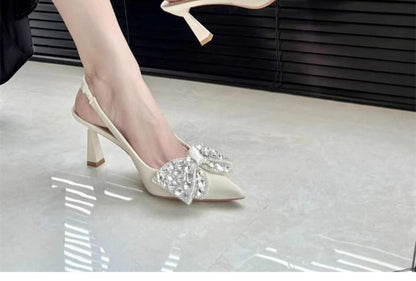 Pointed Toe Rhinestone Bow Slingback Pumps