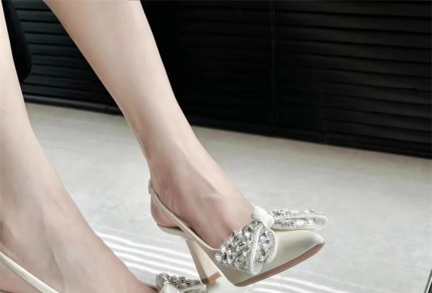 Pointed Toe Rhinestone Bow Slingback Pumps