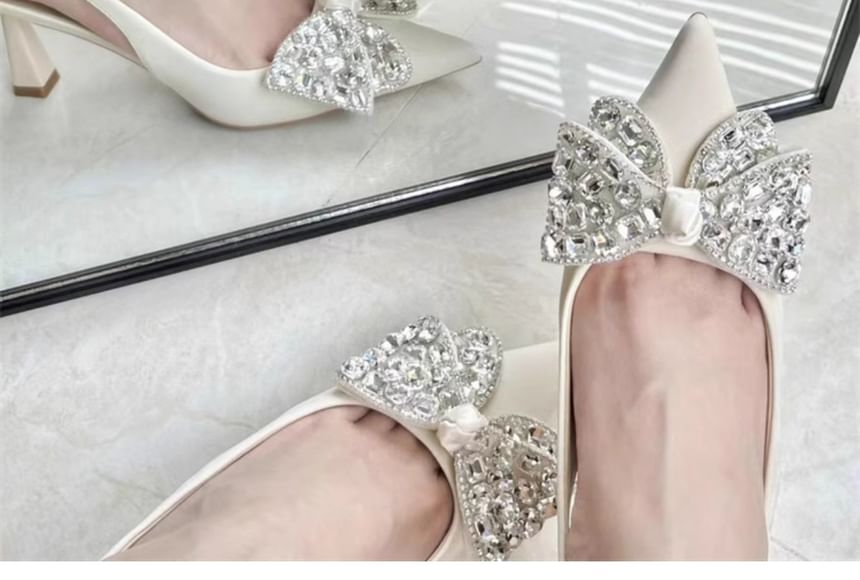 Pointed Toe Rhinestone Bow Slingback Pumps