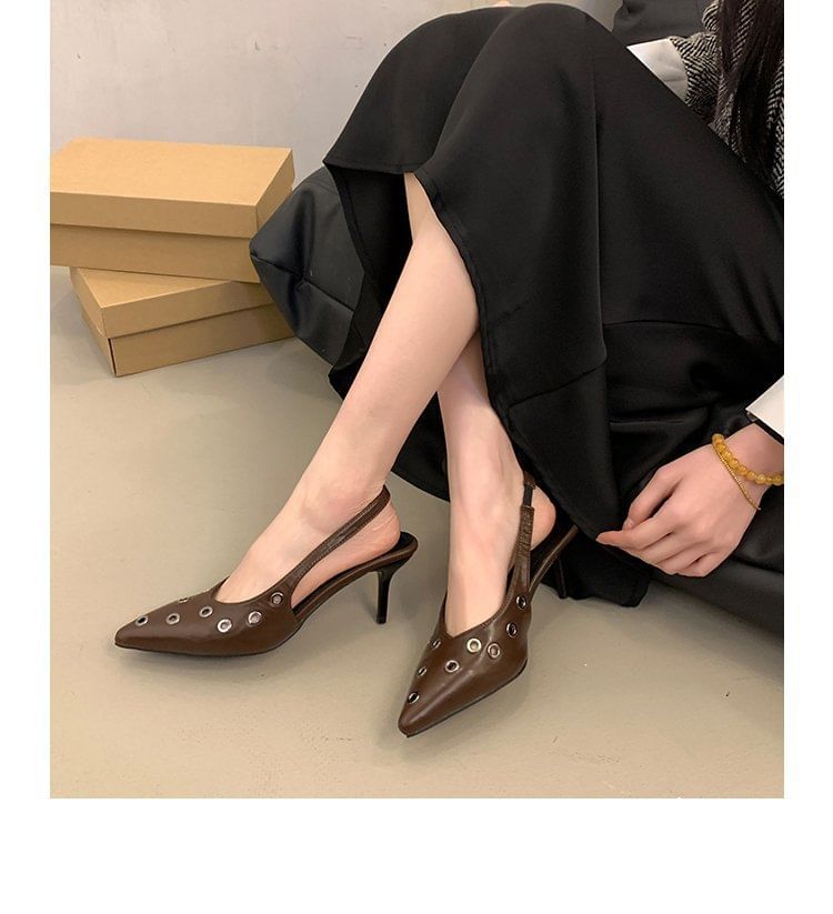 Pointed Toe Grommet Slingback Pumps