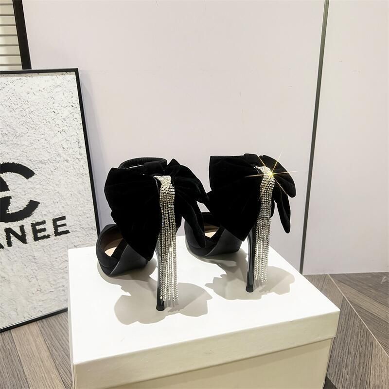Pointed Toe Platform Bow Rhinestone Fringe Ankle Strap Velvet Stiletto Pumps