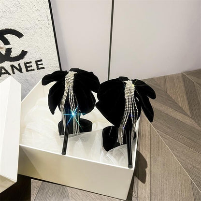 Pointed Toe Platform Bow Rhinestone Fringe Ankle Strap Velvet Stiletto Pumps