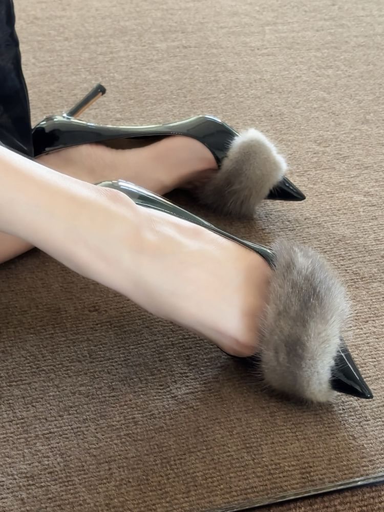 Pointed Toe Faux Fur Panel Patent Leather Stiletto Pumps