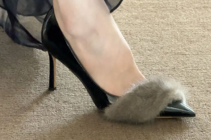 Pointed Toe Faux Fur Panel Patent Leather Stiletto Pumps