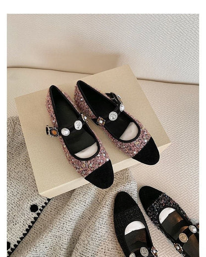 Cap Toe Faux Pearl Tweed Mary Jane Flats