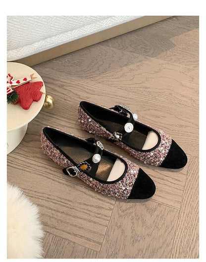 Cap Toe Faux Pearl Tweed Mary Jane Flats