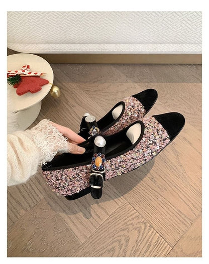 Cap Toe Faux Pearl Tweed Mary Jane Flats