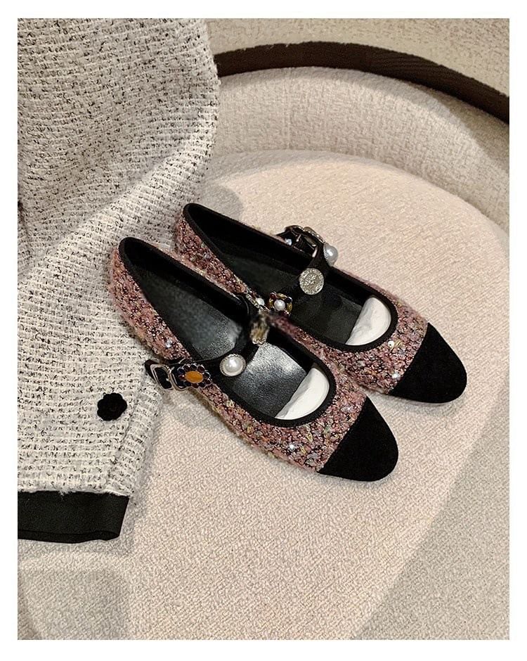 Cap Toe Faux Pearl Tweed Mary Jane Flats