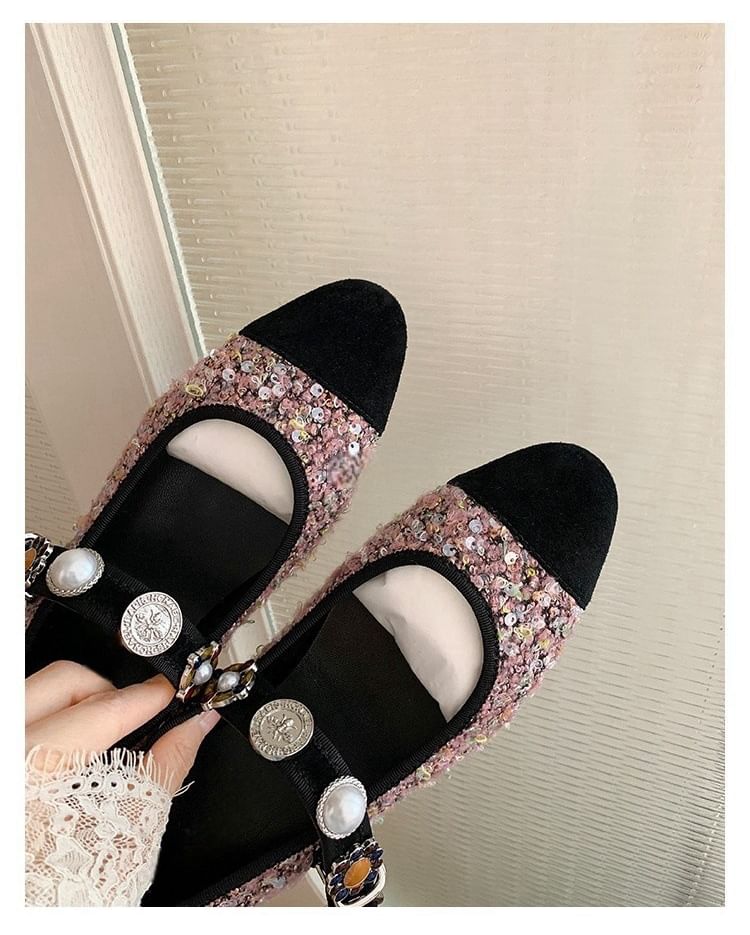 Cap Toe Faux Pearl Tweed Mary Jane Flats