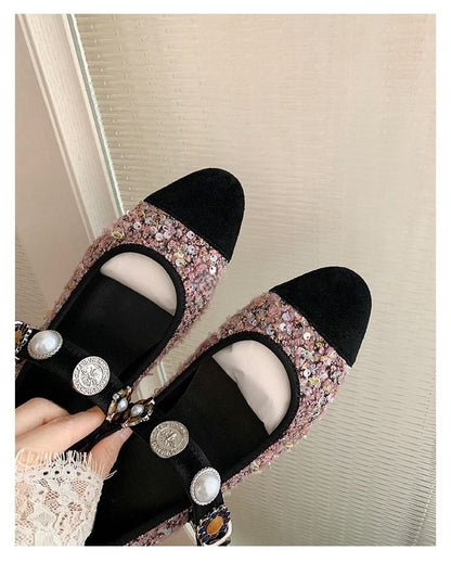 Cap Toe Faux Pearl Tweed Mary Jane Flats