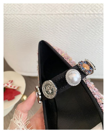 Cap Toe Faux Pearl Tweed Mary Jane Flats