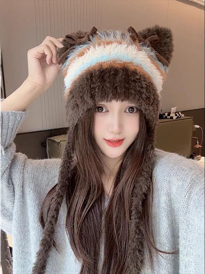 Cat Ear Bow Fluffy Knit Beanie