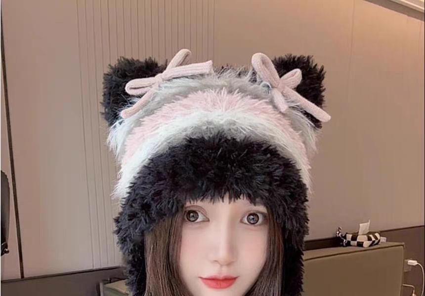 Cat Ear Bow Fluffy Knit Beanie
