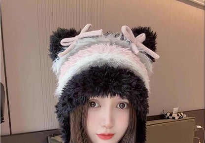 Cat Ear Bow Fluffy Knit Beanie